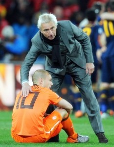 Wesley Sneijder was consoled by his manager, Bert van Marwijk. The Inter Milan man had a tremendous tournament.
