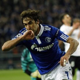 Raul of Schalke 04 celebrates a goal against Inter Milan during the Champions League quarter-final soccer match in Gelsenkirchen