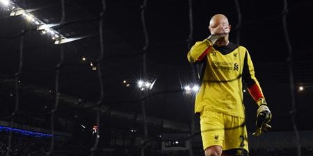 Liverpool's Reina reacts after Manchester City's Aguero scored during their English Premier League soccer match in Manchester