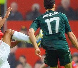 Nani fouls Alvaro Arbeloa and is sent off