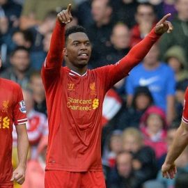 Daniel Sturridge celebrates scoring against rivals Manchester United at Anfield on Sunday