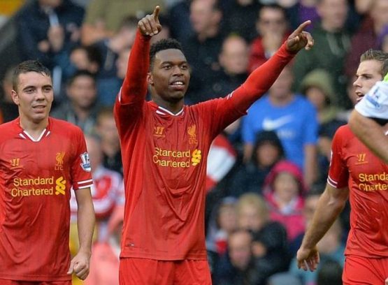 Daniel Sturridge celebrates scoring against rivals Manchester United at Anfield on Sunday