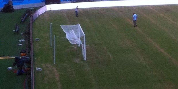 The pitch in the Amazonia Arena looks dry, sandy and unkempt