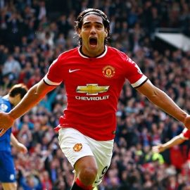 Radamel Falcao celebrates scoring against Everton, his first goal for Manchester United.