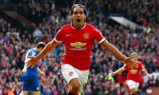 Radamel Falcao celebrates scoring against Everton, his first goal for Manchester United.