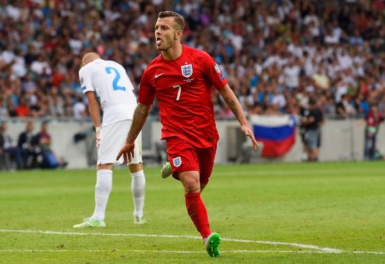 Wilshere celebrates scoring against Slovenia