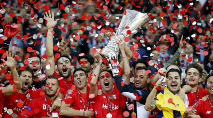 Sevilla winning their record fourth Europa League title in 2015.
