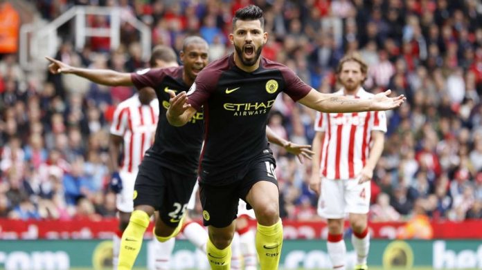 sergio aguero celebrates after a goal versus Stoke City