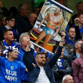 Leicester-City-fans-with-a-banner-featuring-Gary-Lineker