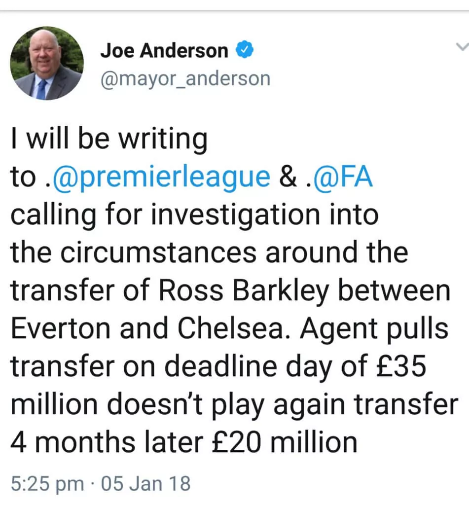 Barkley deal upsets Mayor of Liverpool, calls for FA investigation