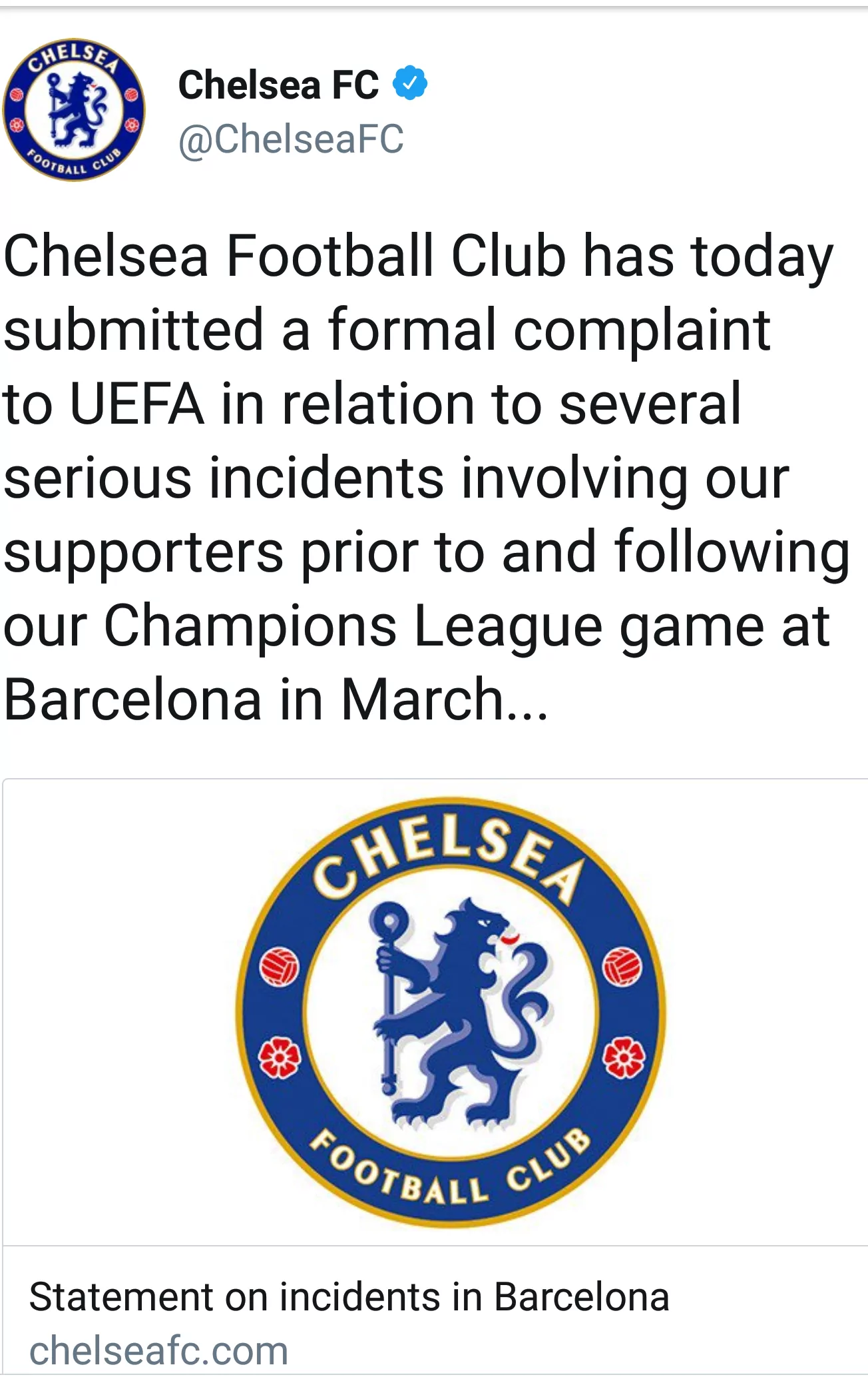 Chelsea submit complaint to UEFA