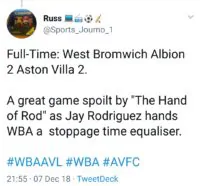 West Brom 2-2 Aston Villa: Fans react to controversial Jay Rodriguez equaliser