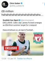 Fans react to Chris Sutton tweet about Liverpool interest in James Forrest