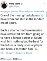 Fans and team-mates react as Mousa Dembele says goodbye to Tottenham