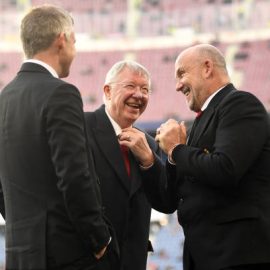 sir-alex-ferguson-speaks-to-ole-gunnar-solskjaer-manager-of-united-picture-id1143094763