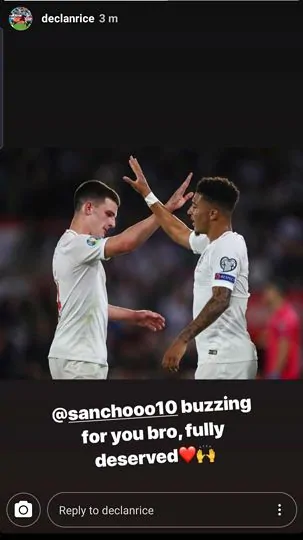 Declan Rice posts Instagram message about Jadon Sancho