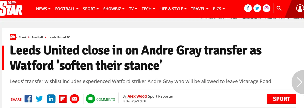 Report: Leeds close in on Andre Gray transfer