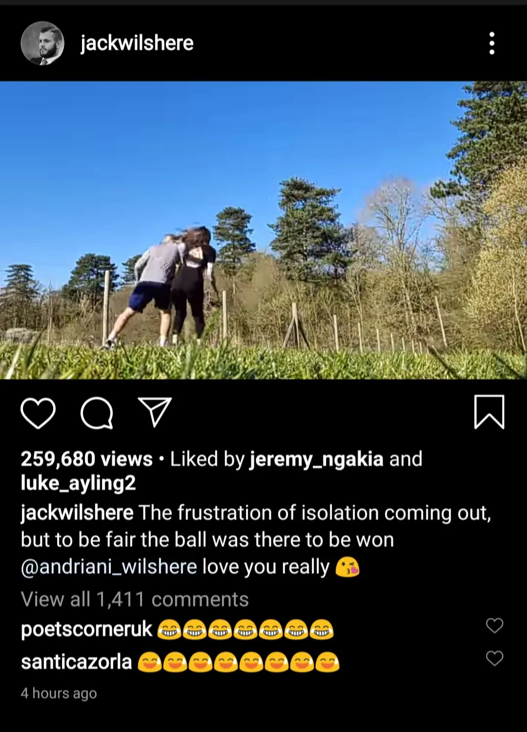 Santi Cazorla left in stitches as West Ham United midfielder Jack Wilshere floors wife after two-foot challenge