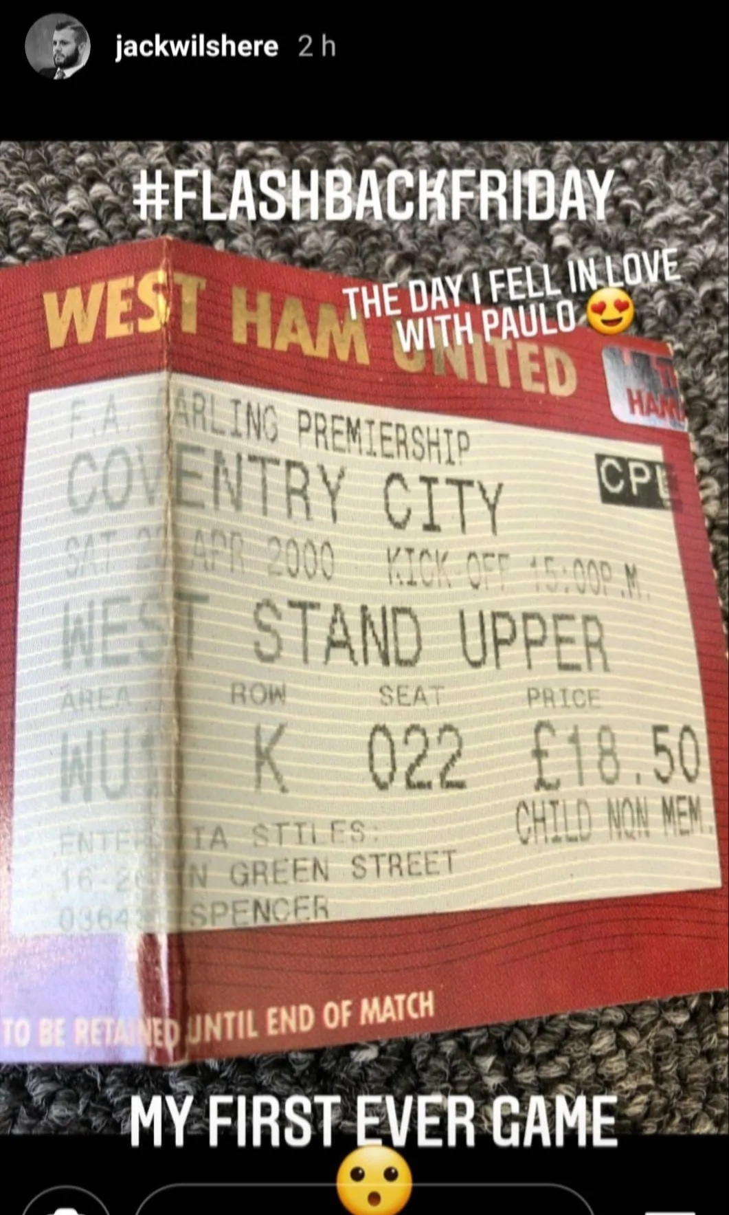 Jack Wilshere shares the match ticket from his first ever West Ham United game