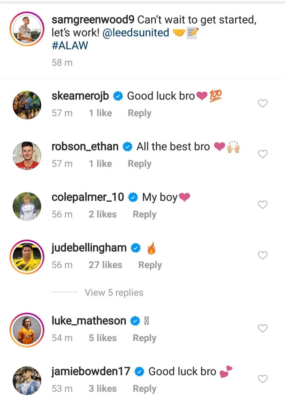 Jude Bellingham reacts to Sam Greenwood's Instagram post after completing Leeds United move
