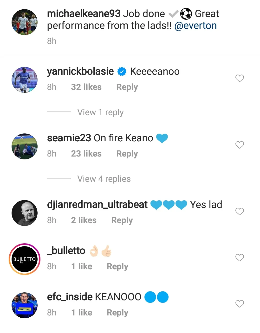 Michael Keane reacts to Everton win vs Salford on Instagram
