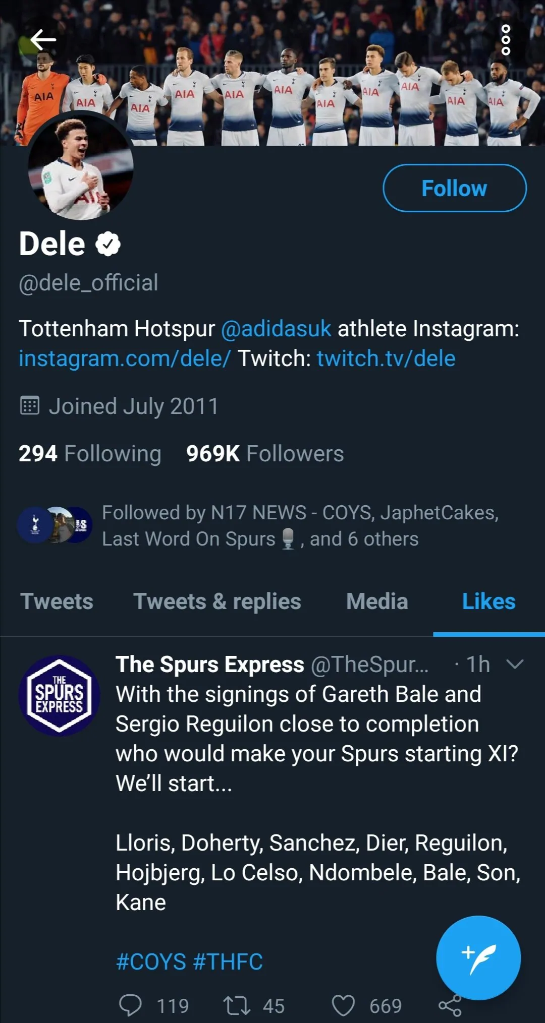 Dele Alli likes tweet predicting he won't be in Tottenham Hotspur's starting XI after Gareth Bale's arrival