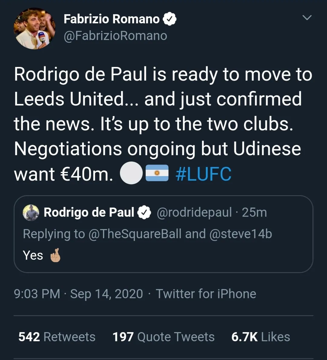 Udinese director insists Rodrigo de Paul won't be sold if Leeds United don't table the right offer