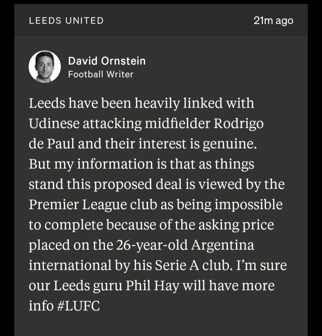 David Ornstein: Leeds United view a deal for Udinese midfielder Rodrigo de Paul impossible to complete