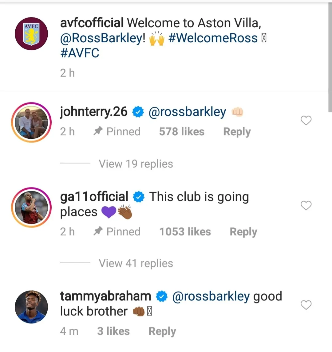 Jack Grealish and Tammy Abraham react as Ross Barkley joins Aston Villa on season-long loan