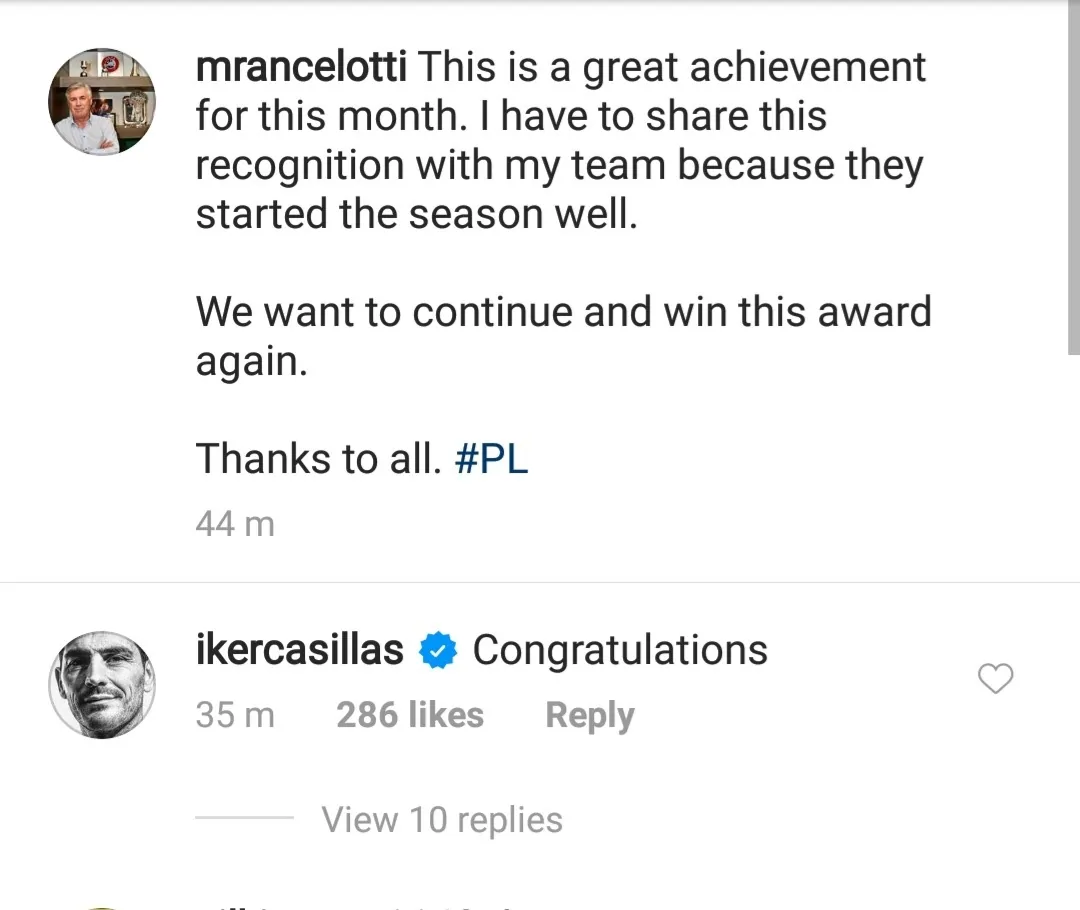 Iker Casillas reacts as Everton manager Carlo Ancelotti wins Premier League Manager of the Month