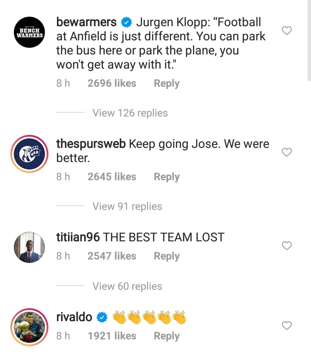 Rivaldo reacts to Jose Mourinho's post-match comments after Tottenham Hotspur's loss to Liverpool