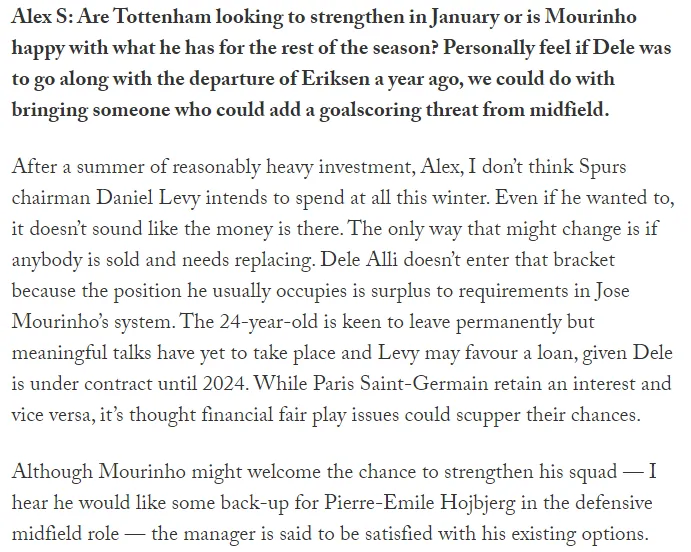 Tottenham unlikely to sign players next month