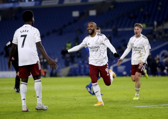 Brighton and Hove Albion v Arsenal - Premier League - AMEX Stadium Arsenal s Alexandre Lacazette (centre) celebrates sc