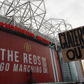 "Glazers Out" Banner Outside Of Old Trafford