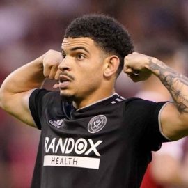 Morgan Gibbs White celebrates scoring for Sheffield United