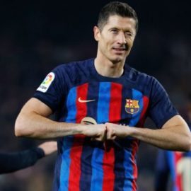 Robert Lewandowski Celebrating After Scoring for Barcelona
