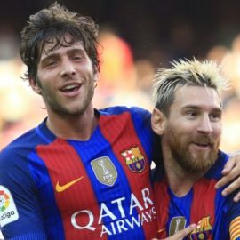 Sergi Robero And Lionel Messi At Barcelona