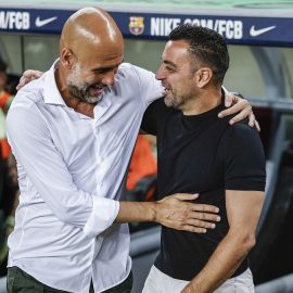 Pep Guardiola With Barcelona Manager Xavi