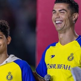 Cristiano Ronaldo and son Cristiano Ronaldo Jr wearing Al Nassr football shirts